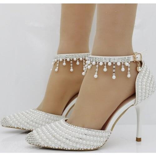 Womens Peals Rhinestones Crystal Stilettos High Heel Bridal Wedding Tassel Princess Pointed Toe Pumps Shoes Ankle Strap B130