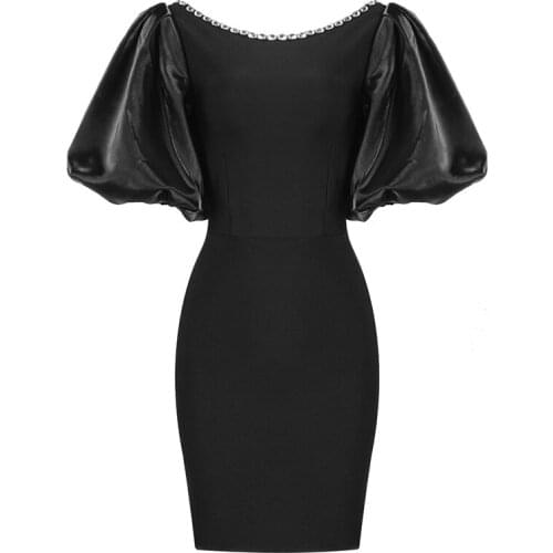 2021 New Women Dress Bandage Sexy Black Beading Short Sleeve Elegant Party Dress Club Celebrity Bodycon Dresses Summer Clothes