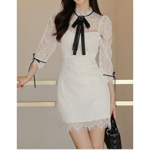 VOOCIEC Korean Femininity Fairy Dress Retro Puff Sleeve Lace Fringe Stitching Fashion Dress Slim Sexy Niche Dress