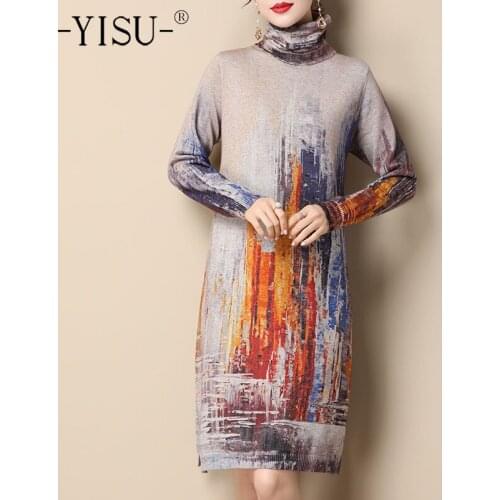 YISU Winter Women Dresses Turtleneck Printing Knitted pullover Dress Long sleeve Warm Loose Jumper Dresses Casual Thick Dress