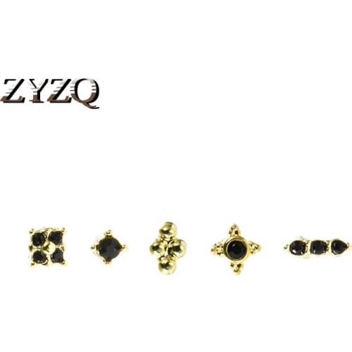 ZYZQ Korean Fashion Compact Black Imitation Zircon Earrings Stud For Women Cute Geometric Earrings 5-piece Set Student Jewelry