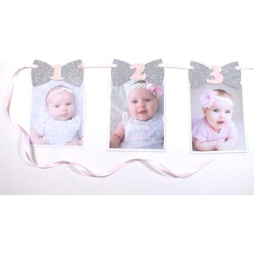 1-12 months pink girl silver bows baby shower First Birthday party garlands banners buntings kids photo props decorations