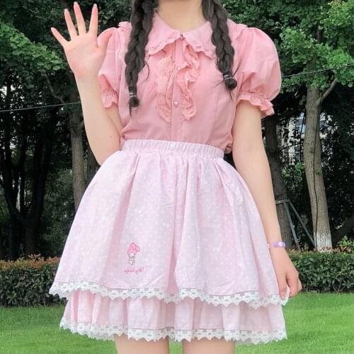 Japanese Women Lolita Style Blouse Summer Kawaii Peter Pan Collar Ruffles GirlS Tops Cute Korean White Pink Female Blusas Loli