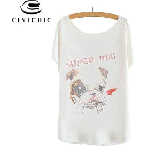 CIVI CHIC Girl Summer T Shirt Woman One Size Loose Tops Bat Sleeves Tshirt Lovely Super Dog Print T-shirt Cute Bulldog Tee WST96