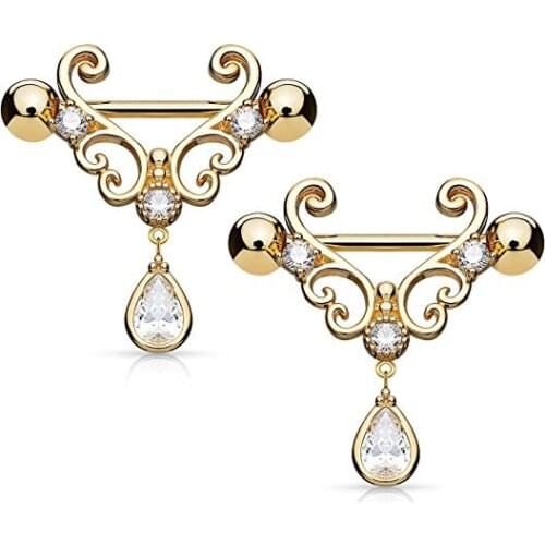 CZ Set Heart Filigree with Tear Drop CZ Dangle Nipple Bars Barbells Rings - 14G 316L Stainless Steel - Sold as a Pair