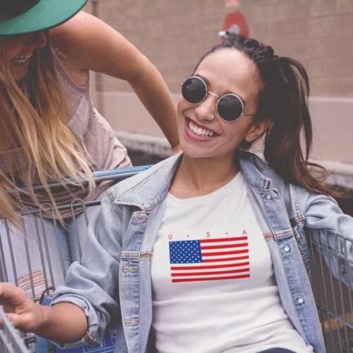 BLWHSA USA Flag T shirts Women Casual Short Sleeve 100% Cotton Funny T-shirt For Women Summer Fashion USA Flag Tops Tees