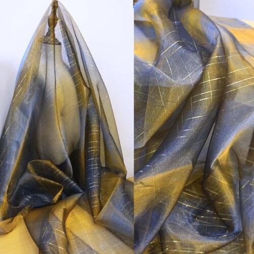 Blue and Gold Two-tone Organza Gold Silk Yarn Laser Illusion Dress Background Gradient Perspective Cloth Designer Sewing Fabric