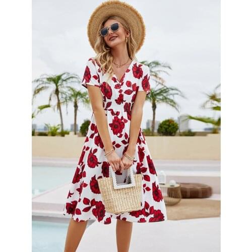 Heliar Women Dress Totem Floral Print Knee Length Female Boho Chic Printed Short Sleeve Elastic Waist V Neck Beach Dress