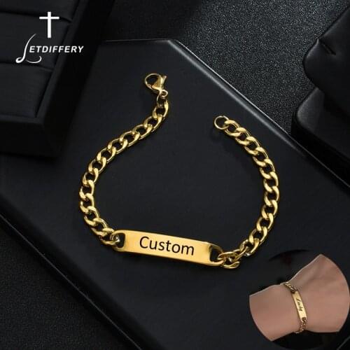 Letdiffery Customize Engrave Name Letter Bracelets For Men Women Stainless Steel Custom Punk Jewelry