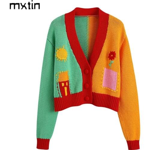 MXTIN 2021 Women Autumn Fashion Pattern Knitted Cardigan Sweater Vintage V-Neck Long Sleeve Button Female Outerwear Chic Tops