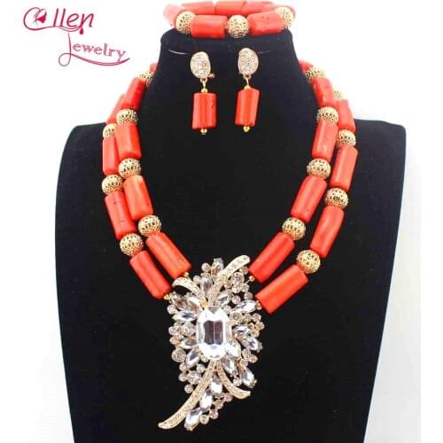 Fashion Orange Coral beaded Pendant Necklace Set nigerian Wedding African Coral beads Jewelry Set Bridesmaid Necklace set E1102