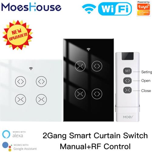 MoesHouse Tuya WiFi RF 2 Gang Double Curtain Blind Switch for Roller Shutter Electric Motor With Google Home Alexa Smart Life