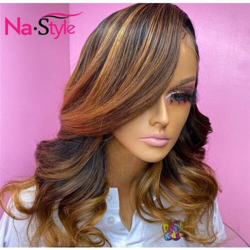 Ombre Lace Front Wig highlight Wig Human Hair Remy Brazilian 130% Side Parting Na Style Pre Plucked Wigs for Black Woman