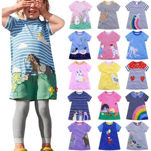 Girl Dress Cotton Short Sleeve Black & White Stripe Comfortable Dress Stitching Girl Dress Airplane Applique Girls Dress Gift