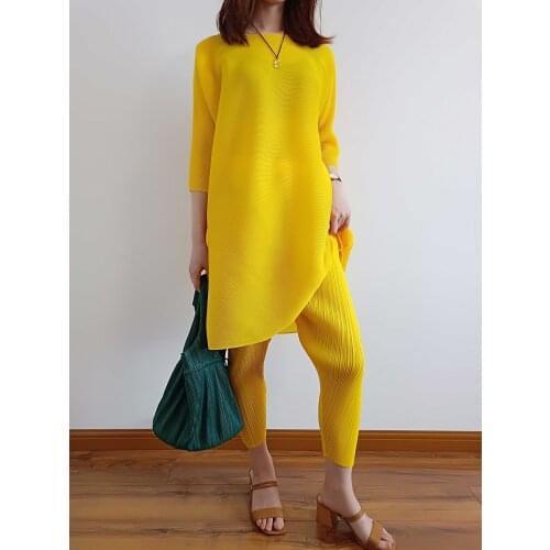 Pleats Miyake Suits Plain Colors Travel Comfort Plus Size Medium-length Shirt+ Trousers Trousers Suit