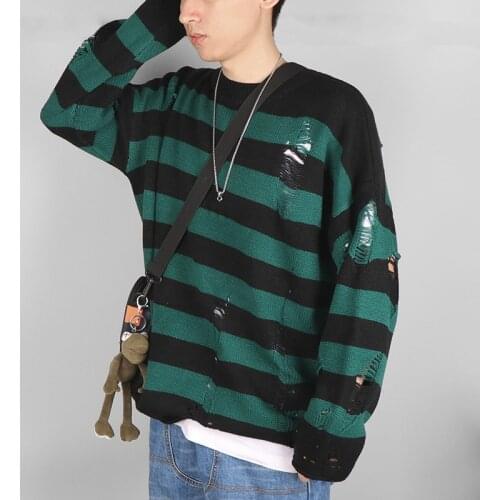Striped Knitted Sweaters Men Autumn Winter Hollow Out Pullover Hole Broken Jumper Punk Male Casual Women Oversized Sweater 2021