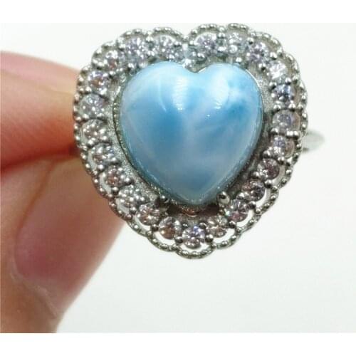 Namibia Natural Larimar Blue Dominia Heart Adjustable Ring 10x10mm Water Pattern Larimar 925 Sterling Silver AAAAAA