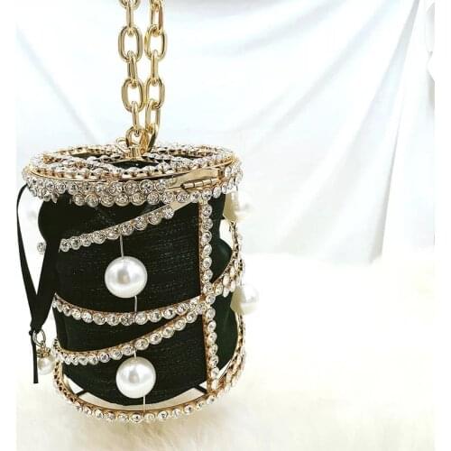 Luxury Ladies Crystal Bucket Mini Bags Messenger Handbags With Pearl Bling Rhinestone Cage Ladies Purse Evening Clutch