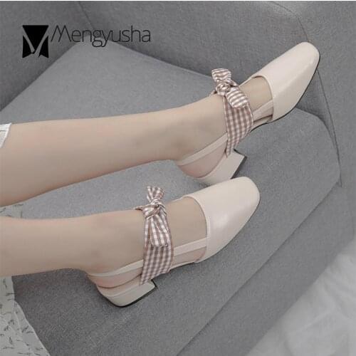 Gingham mixed colors bowknot fabric sandalias mujer slingback square toe thick med high heels flipflops square toe sandals women