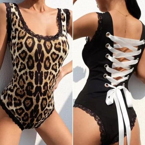 Sexy Leopard Lace Stitching Bodysuit Womens New Lace Stitching Woven Halter Onesies Beach Sling Jumpsuit ropa interior
