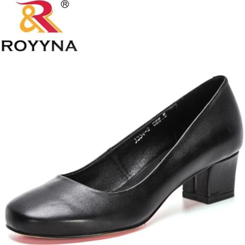 ROYYNA 2021 New Designers Genuine Leather Pumps Women Round Toe Thick Heels Ladies Med Heels Slip On Casual Shoes Feminimo Comfy