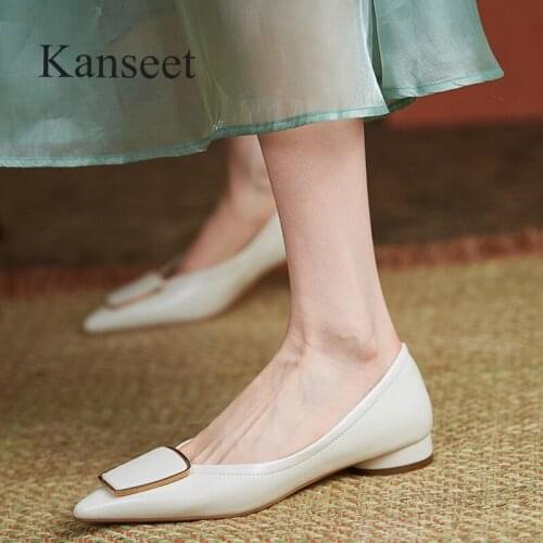 Kanseet Genuine Leather Shoes Woman Pumps Spring Autumn New Metal Decoration Daily Footwear Pointed Toe Size 40 Low Heels Shoes