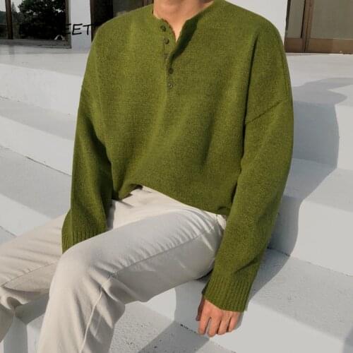 Knitted Split O-Neck Sweater Men Korean Long-sleeved Loose Solid Sweater Mens Winter Warm Slim Sweater Boy 2020