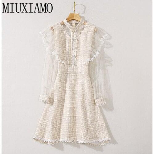MIUXIMAO High Quality 2020 Fall Dress Newest Long Sleeve Tweed Elegant Slim Casual Diamonds Button Lace Dress Women Vestidos