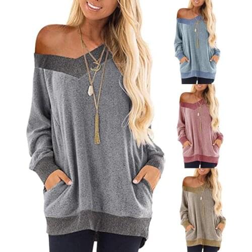 T Shirt Women Summer Clothes 2021 v-neck Bump Color Pocket Autumn Length Sleeves Sweatshirt Leisure T-shirt Tshirt CHF7051