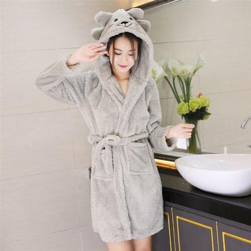 Hooded Print Animal Sleepwear Solid Colour Coral Fleece Lady Robe Belt Winter Warm Nightgown Full Sleeve Long Home Clothing