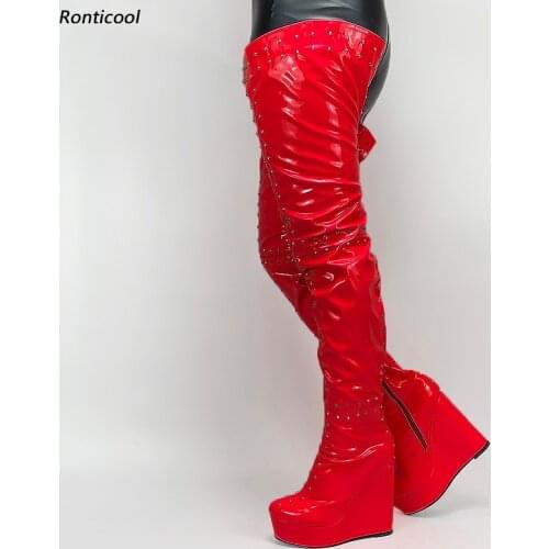 Ronticool Handmade Women Platform Crotch Boots Sexy Studded Wedges Heels Round Toe 13 Colors Club Wear Shoes Women Us Size 5-20