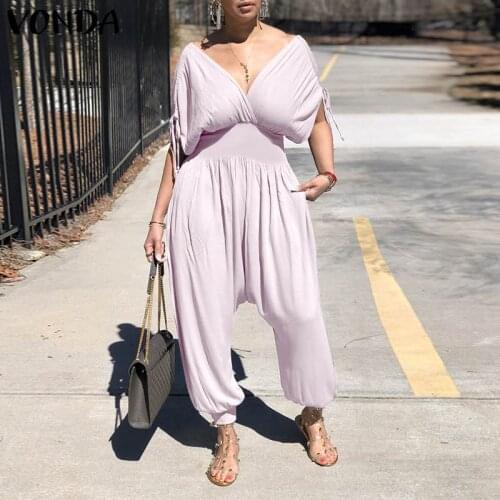 VONDA Women Summer Jumpsuit 2021 Ladies Sexy Deep V Neck Drop Crotch Playsuits Harem Pants Pantalon Office Overalls Oversize
