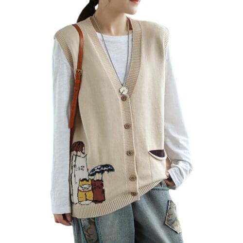 Women Knitted Sweater Vest Cartoon Embroidery Sleeveless Cardigan Sweater 2021 Autumn Winter V-neck Korean Ladies Basic Jumpers