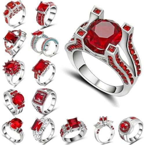 Exaggerated Silver-Color Ring Dazzling Brilliant Cubic Zirconia Red Crystal CZ Party Wedding Finger Ring For Women Size 7