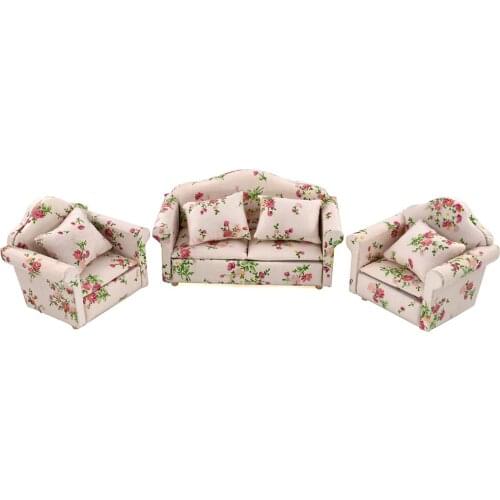 1/12 Doll House Miniature Wooden Cloth Sofa Set Simulation Furniture Model Toys for Mini Decoration Dollhouse Accessories