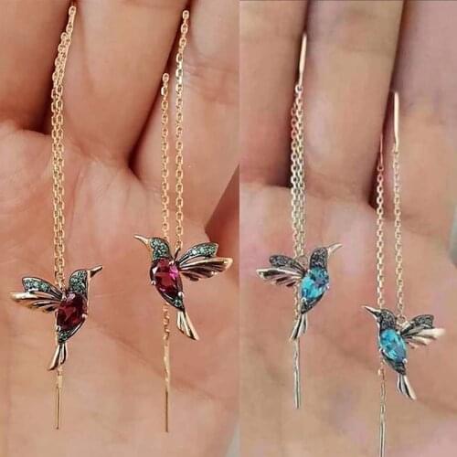 1Pair Unique Long Drop Earrings Bird Pendant Tassel Hummingbird Earring Crystal Pendant Earrings Ladies Jewelry Design