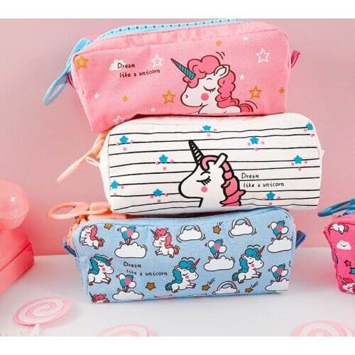 1pc Stationery bag student pencil bag cartoon unicorn pencil case canvas large capacity zipper storage bag school supplies