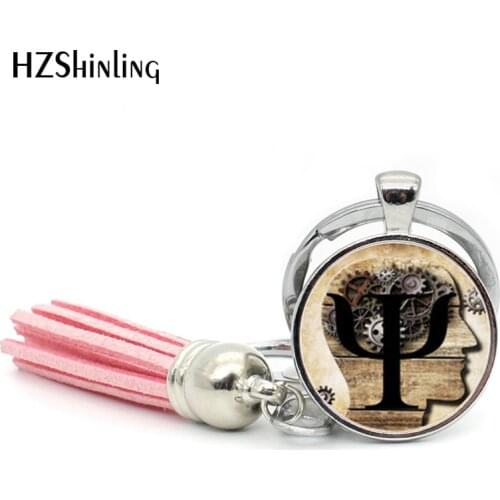 2017 Fashion PSI Symbol Tassel Keyring Psychology Keychain Round Jewelry Glass Dome Keychains Bohemian Gifts For Men