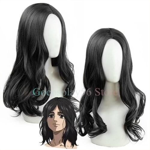 2020 The Final Season Pieck Finger Cosplay Wig Black Wavy Middle Part Long Heat Resistant Hair