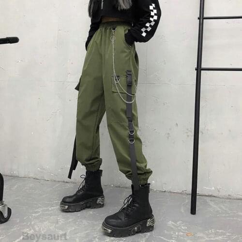 2021 Womens Cargo Pants Buckle Ribbon Pocket Jogger Elastic Waist High Hip Hop Streetwear Harajuku Pant Chain Females Trousers
