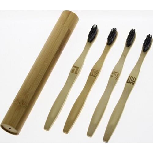 BPA Free & Biodegradable Natural Eco Friendly Adult Bamboo Toothbrush Set Kit (4Pcs Packing) With Travel Toothbrush Tube Case