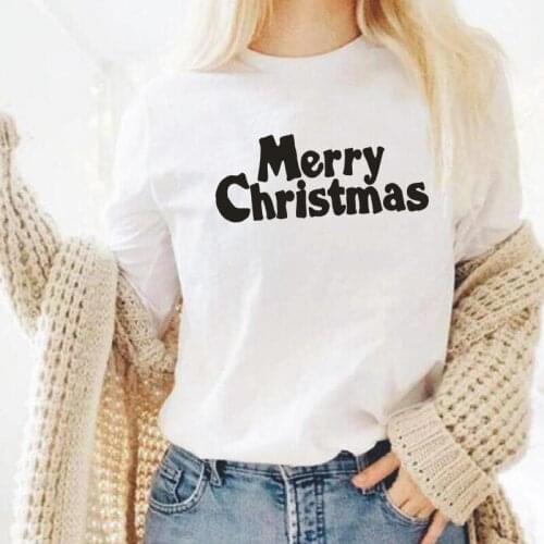 Merry Christmas Letter Print T-shirt Women Tops Casual Harajuku Cotton Tees Christmas Clothes Plus Size Round Neck T-shirts
