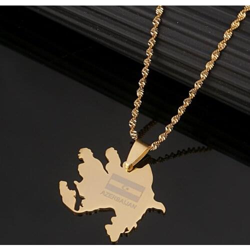 Stainless Steel Azerbaijan Map Flag Pendant Necklaces Gold Color Azerbaycan of Maps Chain Jewelry