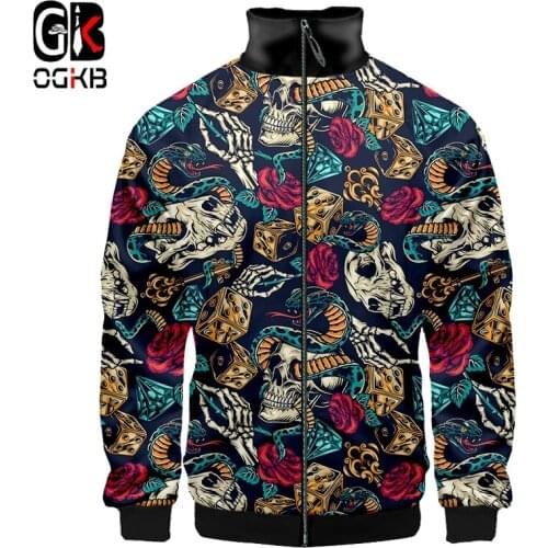 OGKB 3D Zipper Stand Collar Jacket Men Snake And Skull 3D Full Print Long Sleeves Coat Tracksuits Harajuku Streetwear Jacket