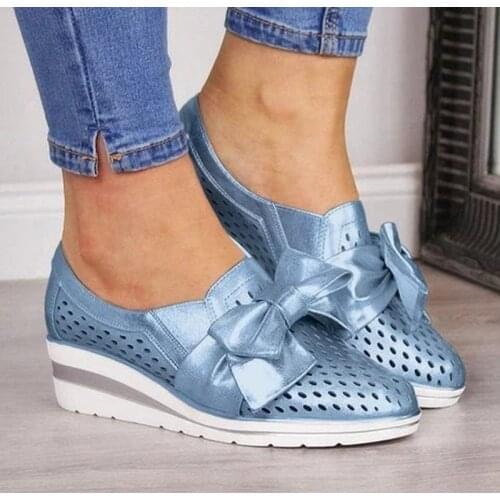 Hollow Breathable Solid Color Bowknot Wedges Slip-on Loafers Single Shoes Women Fall 2021 New Fashion All-match Casual Sneakers