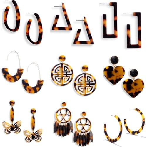 Fashion Tortoise Color Leopard Print Acrylic Acetic Acid Sheet Geometric SquareCircle Heart Long Drop Earrings for Women