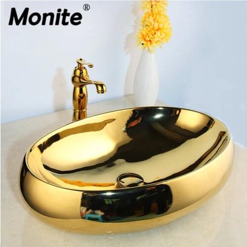 Monite Solid Brass Golden Luxury Ceramic Lavatory Bathroom Tap Washbasin Basin Sink Set Bath Combine Mixer Faucet