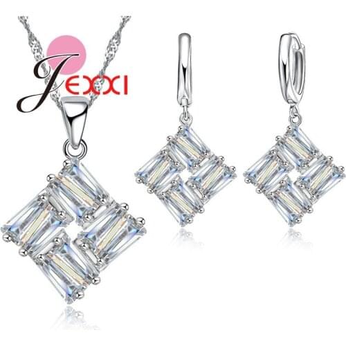 Fashion Classic Design Geometric Bar Square Pendant Necklace for Women Bridal Jewelry Set 925 Sterling Silver Accessories