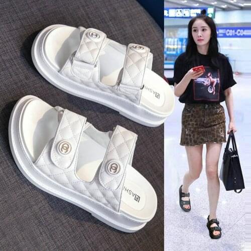Luxury Sandals 2021 New Summer Cowhide Leather Slides Velcro Thick Bottom All-match Sandals And Slippers Ins Tide