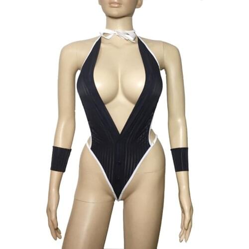 Sexy Striped Plunge Deep V Secretary Teddy Onesie with G-String Bikini Back and Wrist Bands Role Play Lingerie Fantasy Costume